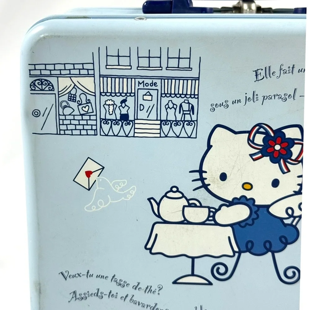VTG 2002 Sanrio Hello Kitty Metal Lunch Box Tin French Cafe Blue Y2K Stationery